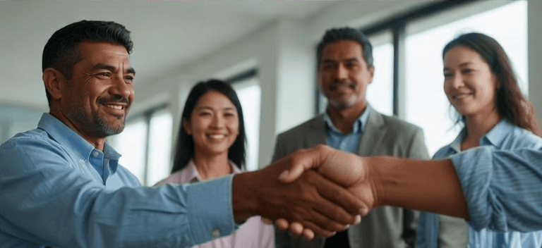 A participant and employer shaking hands after a successful placement