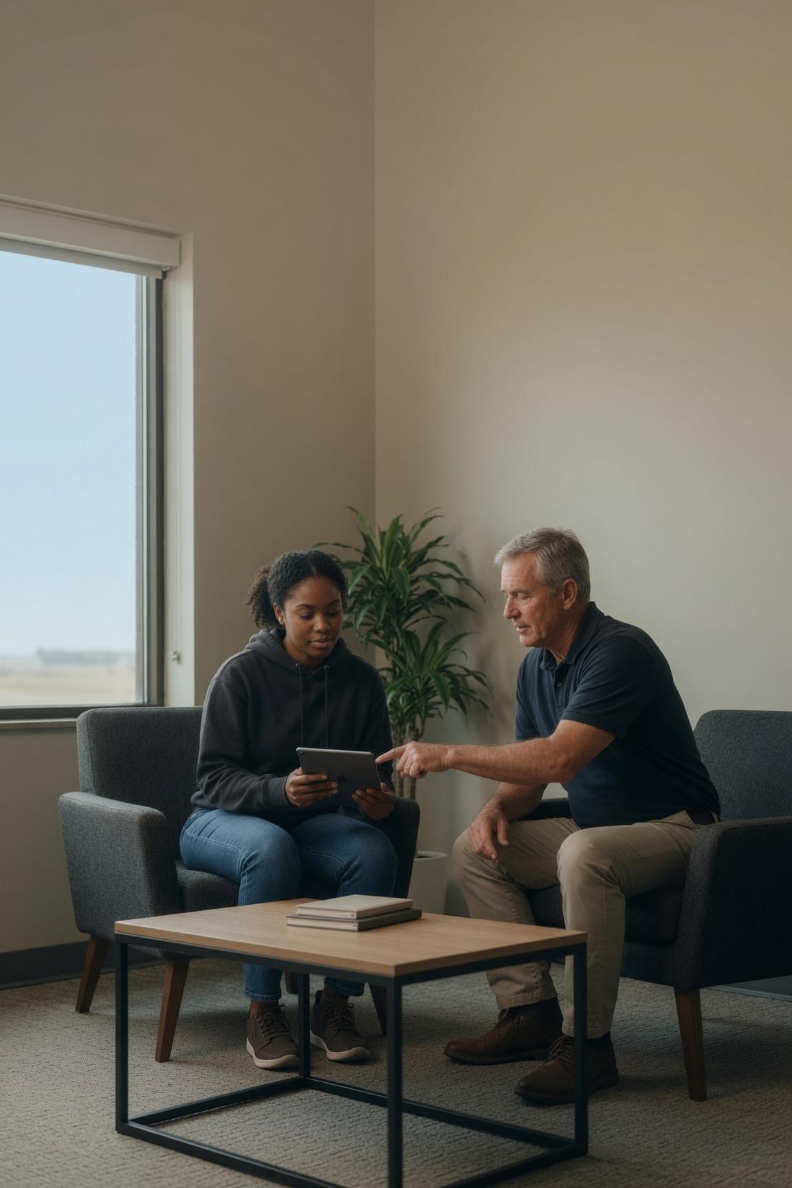 A consultant and a young participant reviewing a plan on a tablet