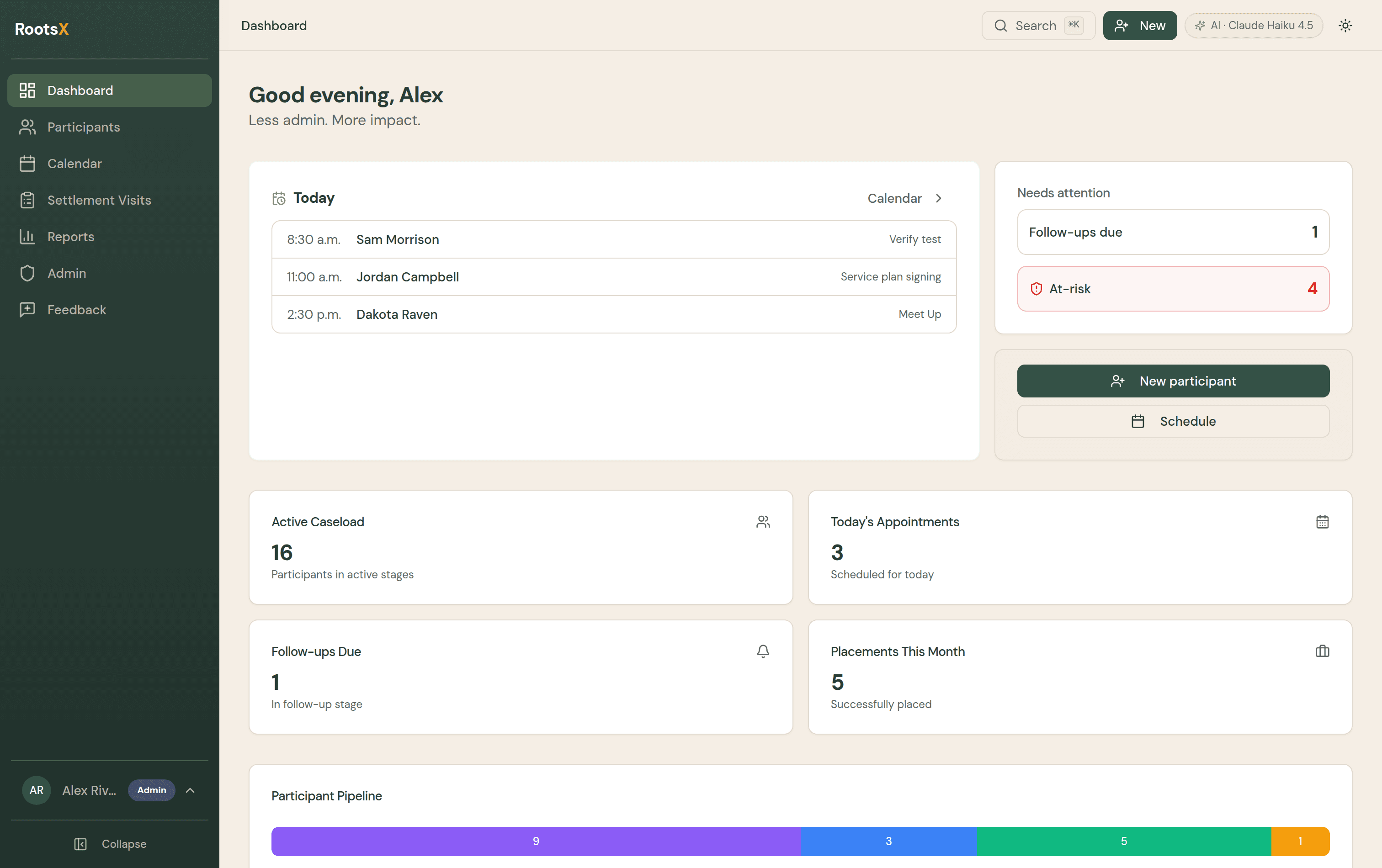 RootsX dashboard